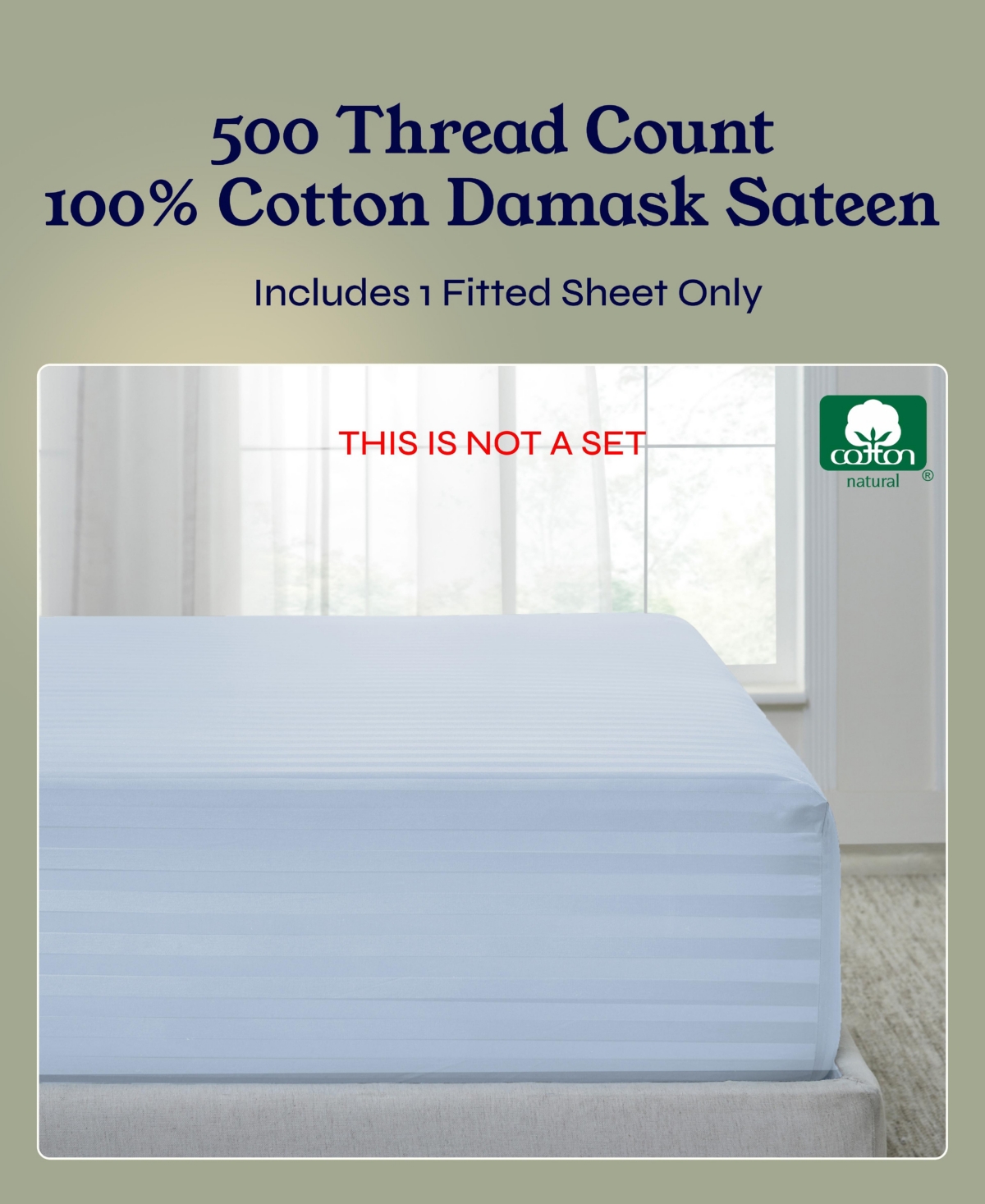 California Design Den Striped 500 Thread Count Fitted Sheet Only, 100% Cotton Sateen, Fully Elasticized with Deep Pockets by
