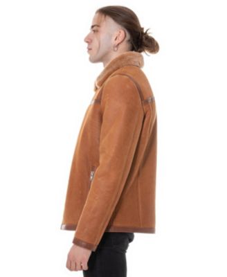 Men's Leather Banded Sheepskin Casual Jacket, Washed Tan with Brissa Wool