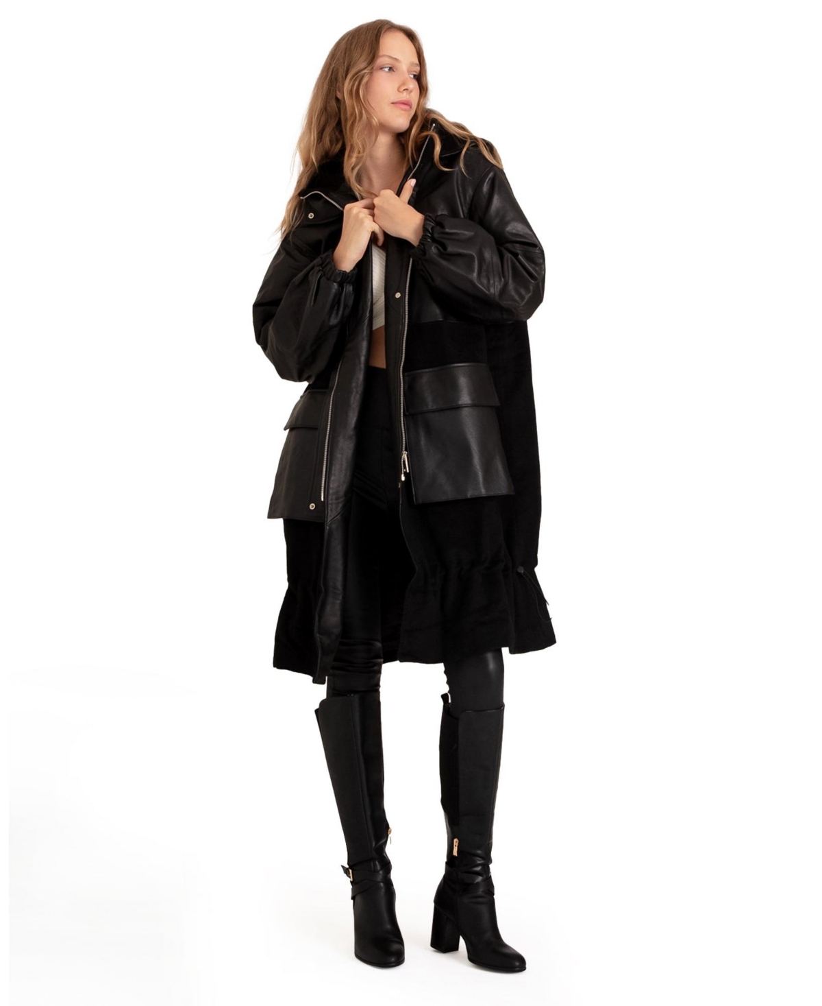 Women's Back To Black Oversized Leather Panelled Coat - Black