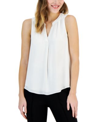T Tahari - Women's Sleeveless Split-Neck Rolled Cuff Blouse