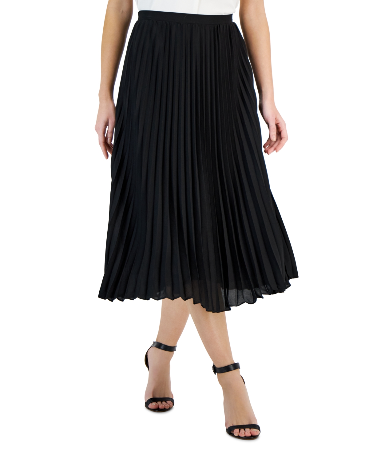 Shop T Tahari Women's Pull-on Pleated Midi Skirt In Black