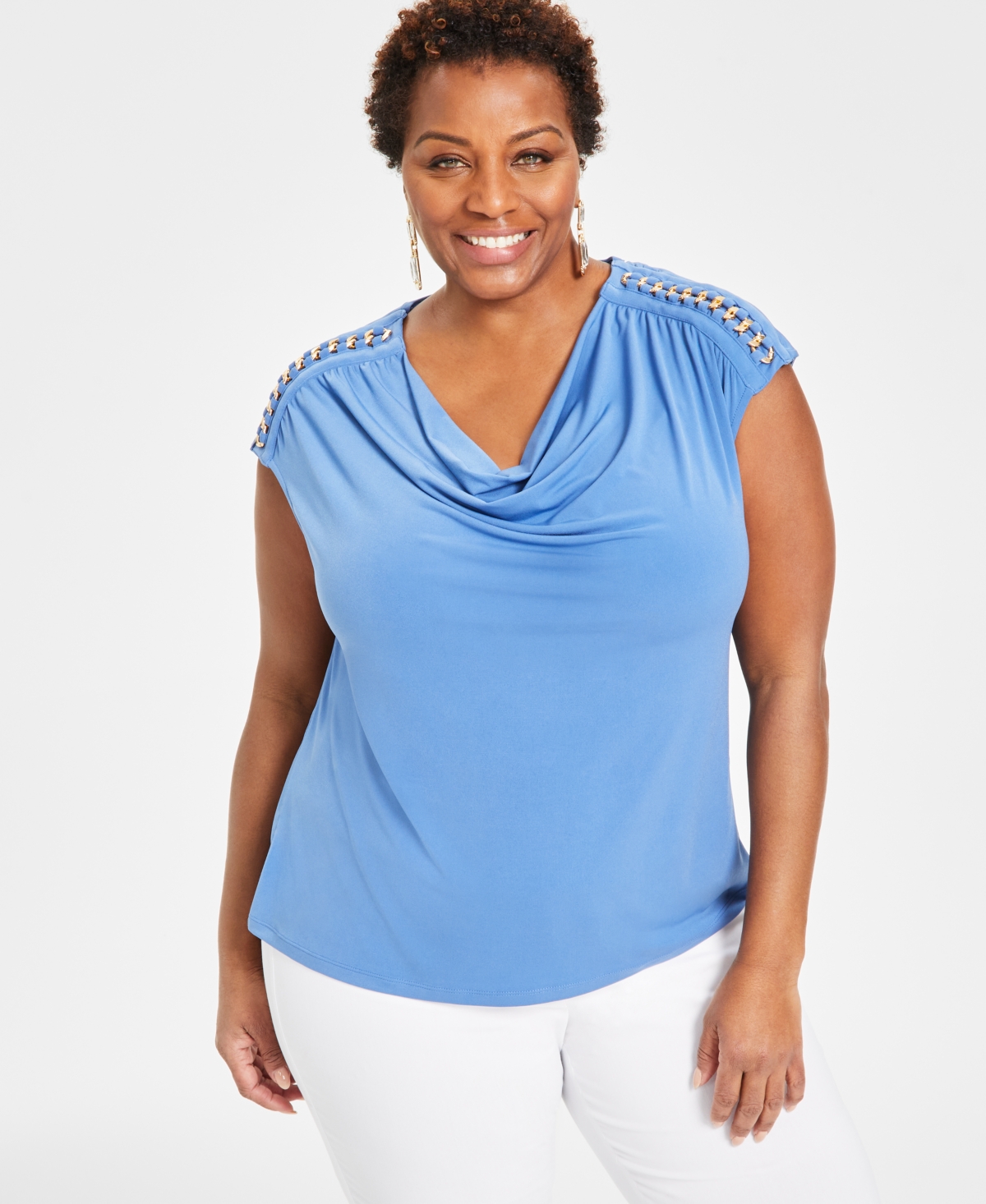 Inc International Concepts Plus Size Laced-chain-shoulder Top, Created For Macy's In Deep Cornflower
