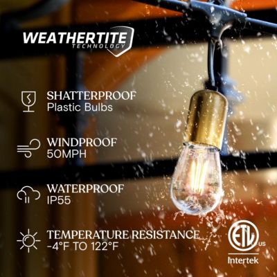 Outdoor Plug-In 48ft Weatherproof LED String Lights, Gold Hardware & Heavy Duty Cord