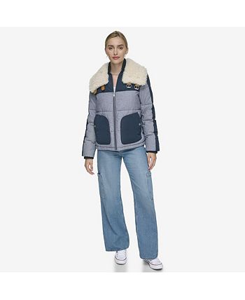 Andrew Marc Women s Sheree Mixed Media Puffer With Denim and Faux