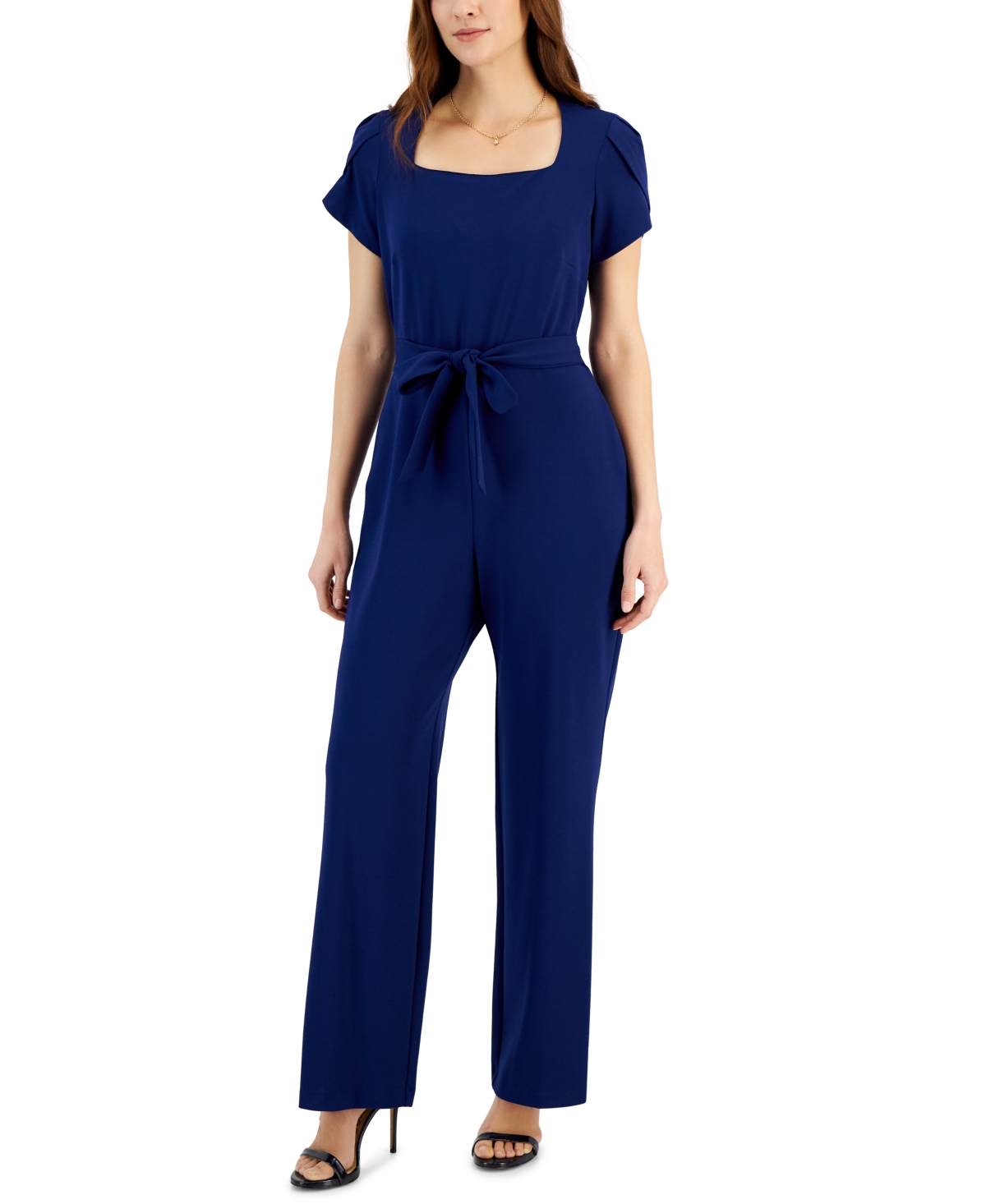 Women's Petal-Sleeve Tie-Waist Square-Neck Jumpsuit - Deep Blue