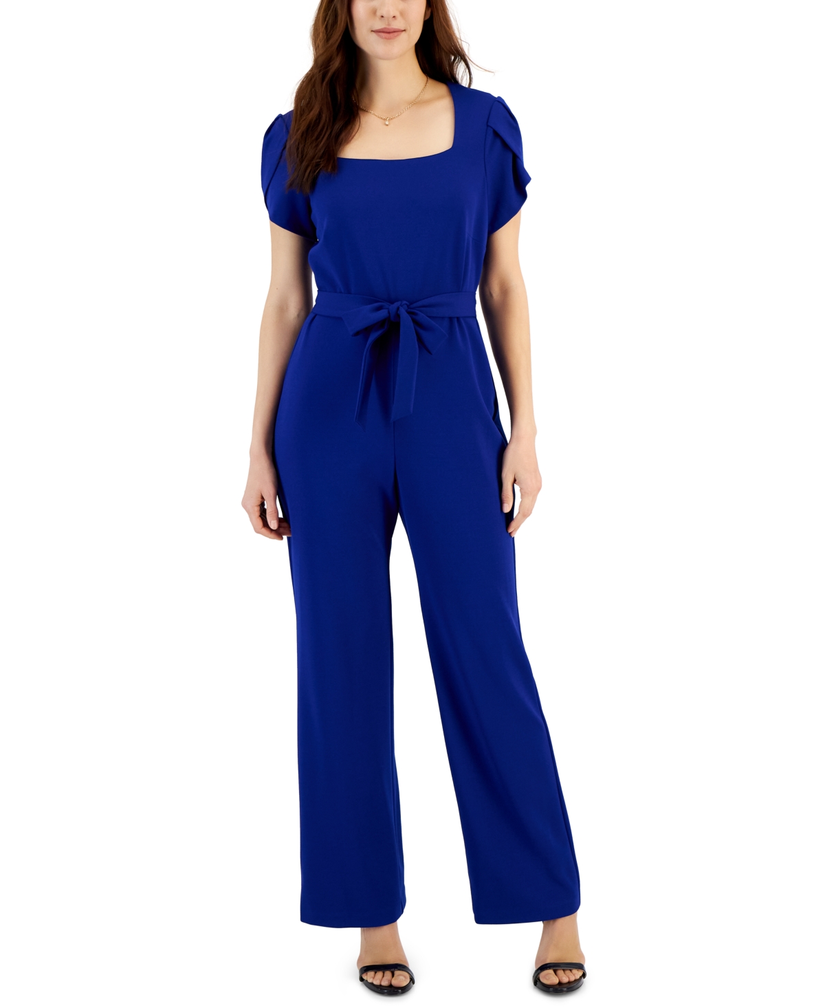 Women's Petal-Sleeve Tie-Waist Square-Neck Jumpsuit - Cobalt Blue