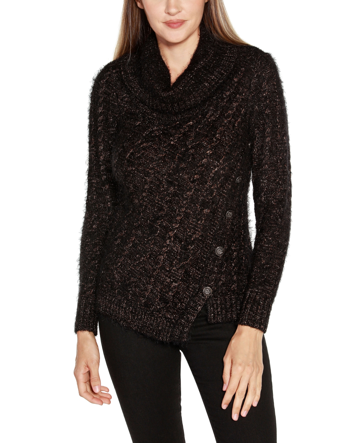 Belldini Black Label Women's Lurex Cowl Neck Eyelash Sweater In Black,copper
