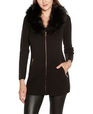 Women's Black Label Faux Fur Collar Cardigan Sweater