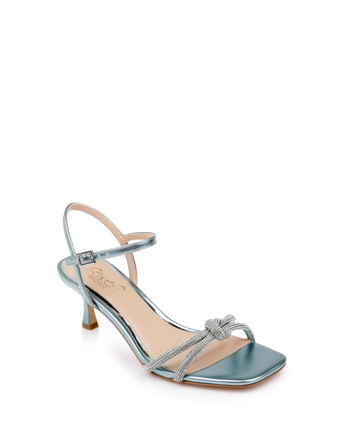 Shop Jewel Badgley Mischka Women's Maci Rhinestone Knot Kitten Heel Evening Sandals In Blue Pearlized