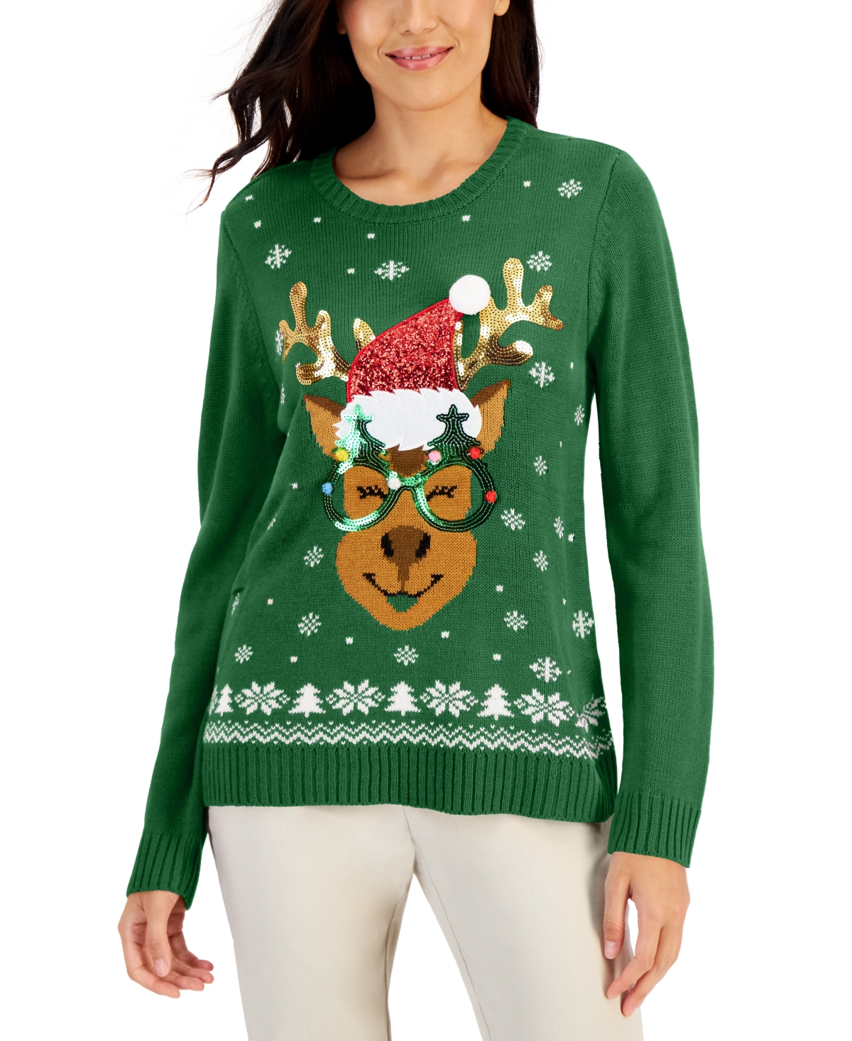 Women's Holiday Sweater, Created for Macy's - Marine Green Reindeer