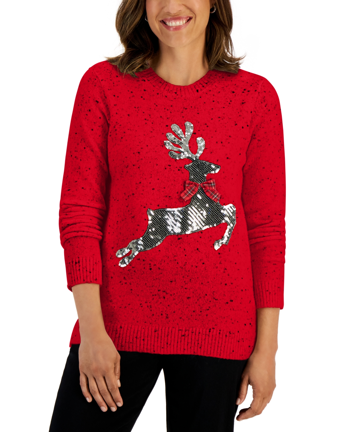 Karen Scott Women's Holiday Sweater, Created For Macy's In New Red Amore Sequin Reindeer