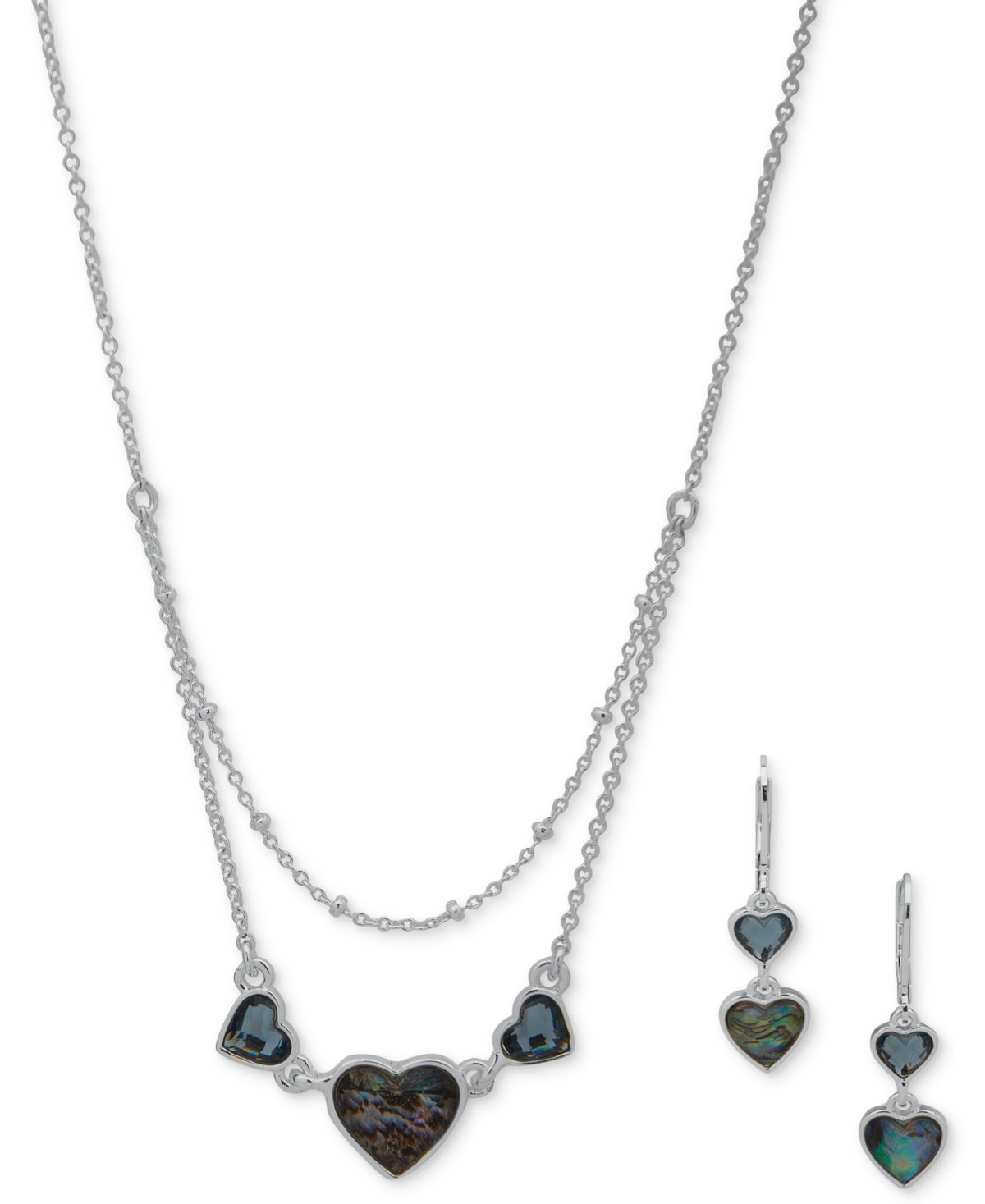 Anne Klein Silver-tone Stone Heart Layered Statement Necklace & Drop Earrings Set In Aqua Blue