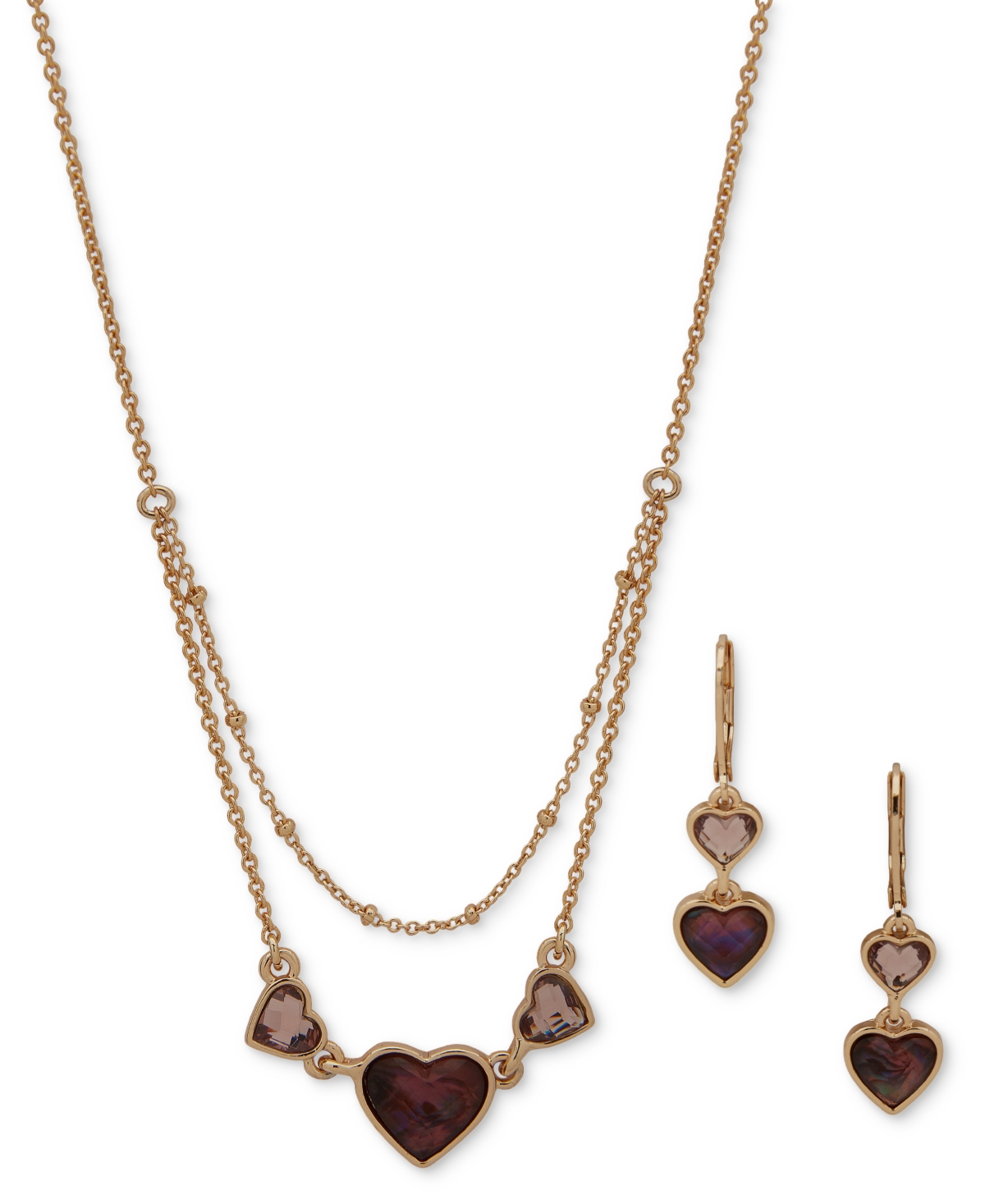 Anne Klein Silver-tone Stone Heart Layered Statement Necklace & Drop Earrings Set In Purple