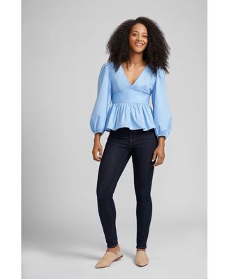 Olivia Balloon Sleeve Blouse with Inset Waist and Open Back with Tie Closure