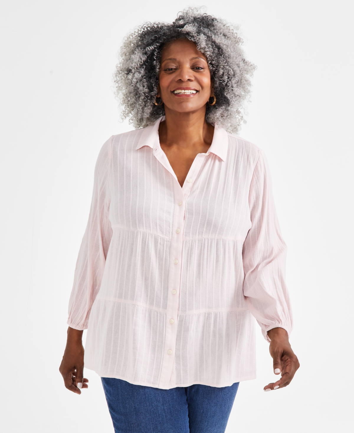 Shop Style & Co Plus Size Long-sleeve Tiered Tunic Shirt, Created For Macy's In Lotus Pink