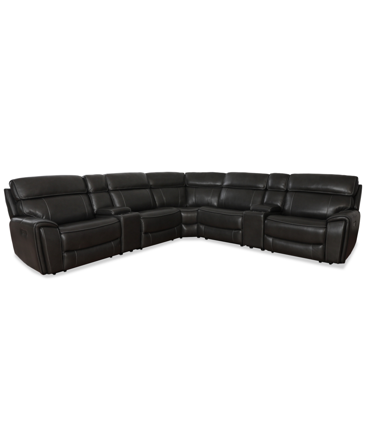 Macy's Hutchenson 132.5" 7-pc. Zero Gravity Leather Sectional With 3 Power Recliners And 2 Consoles, Create In Grey