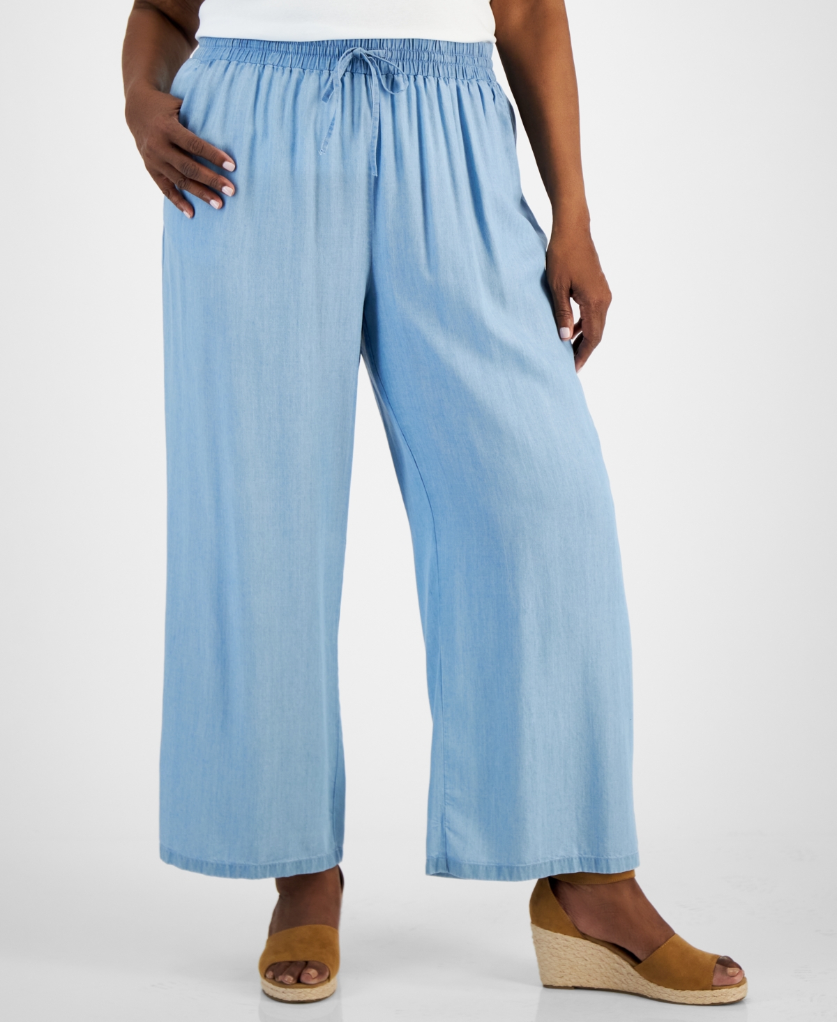 Style & Co Plus Size Chambray High Rise Wide Leg Pants, Created For Macy's In Emma Wash