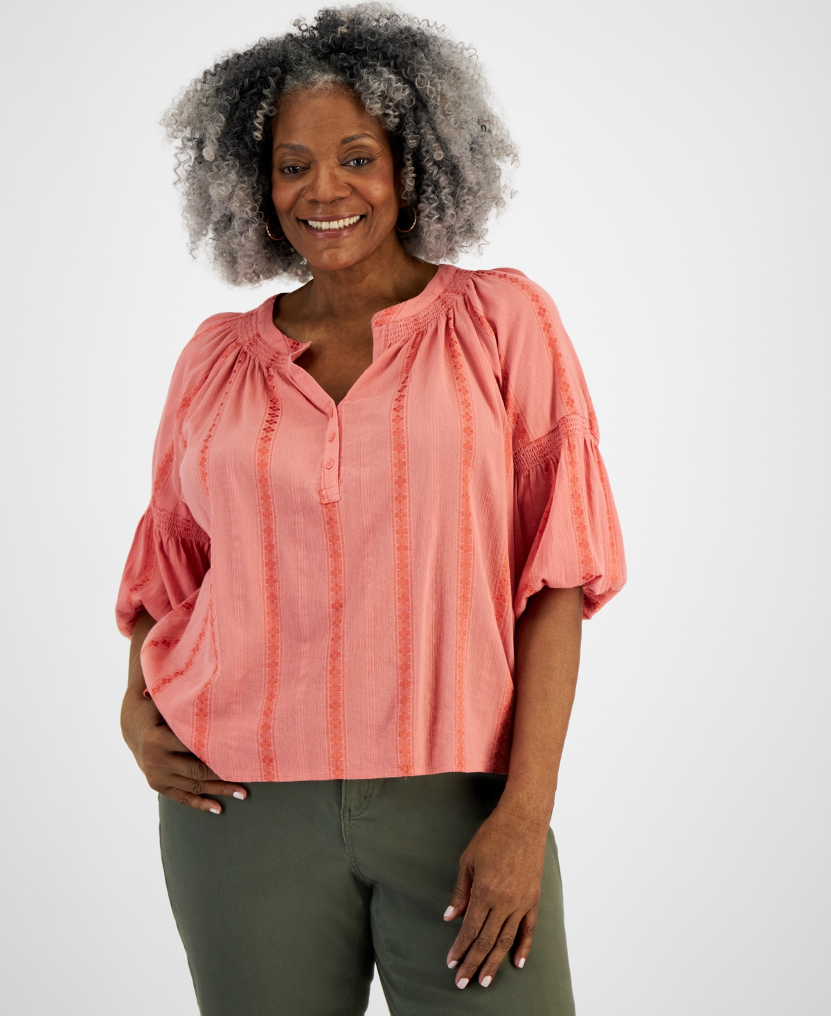 Style & Co Plus Size Woven Split-neck Top, Created For Macy's In Sea Coral