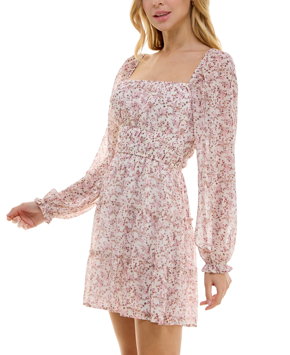 Shop Trixxi Juniors' Emma Printed Long-sleeve Dress In Pink,ivory