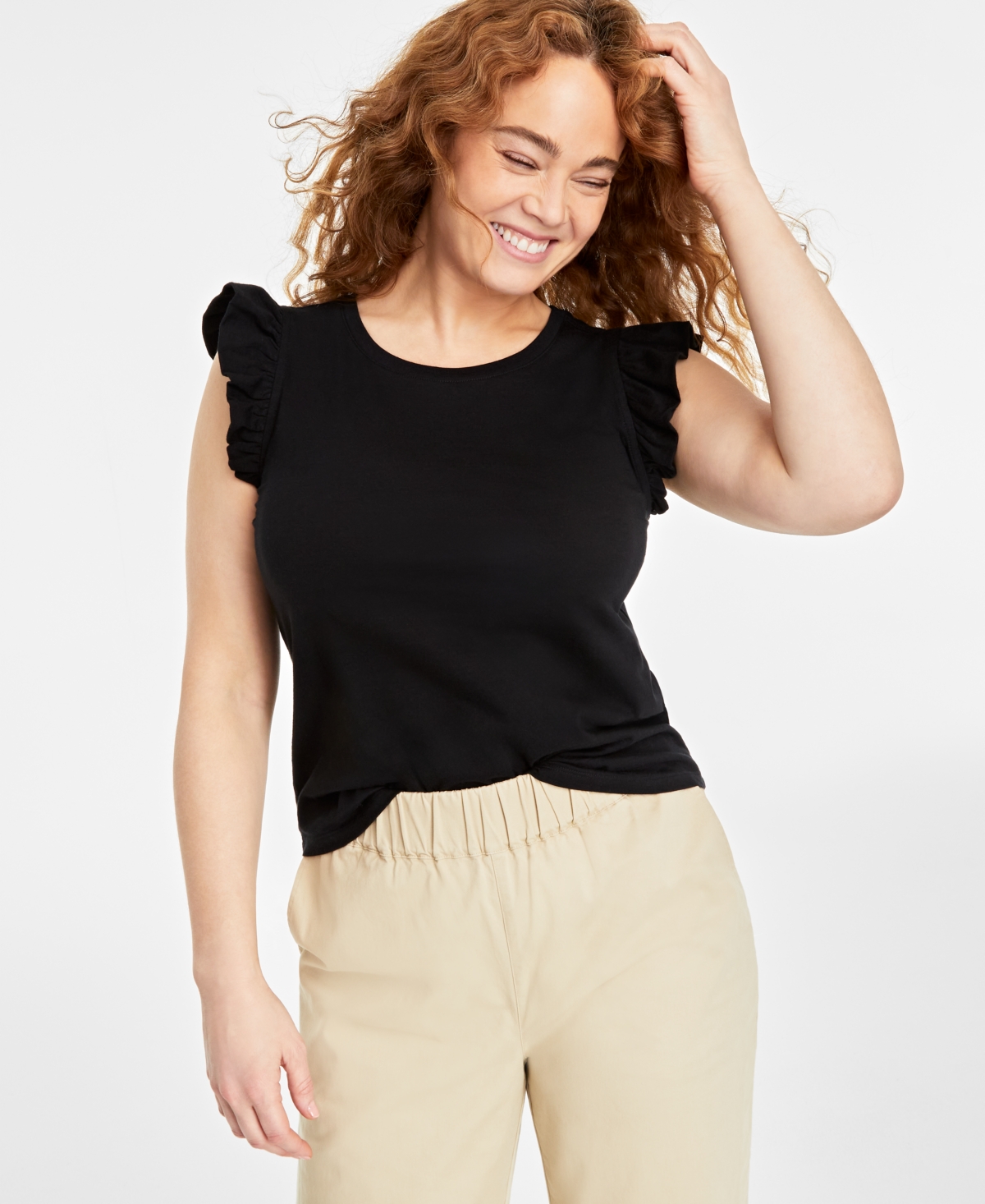 On 34th Women's Flutter-sleeve Crewneck T-shirt, Created For Macy's In Deep Black