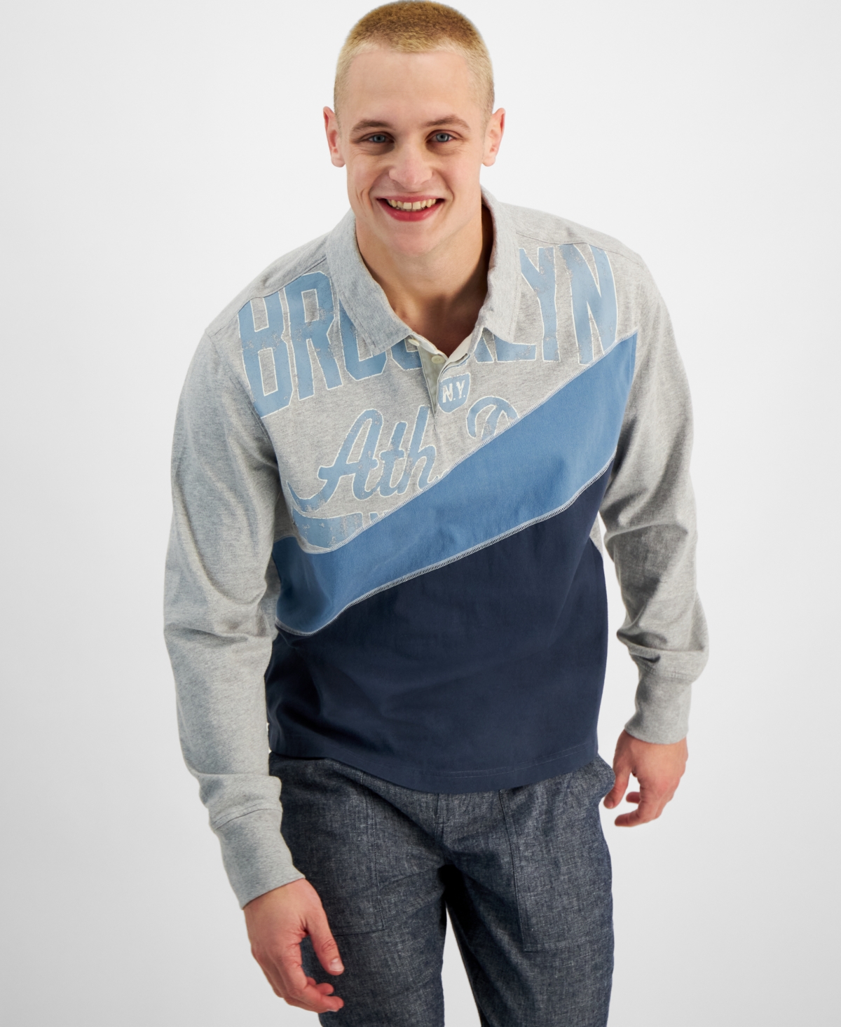 Men's Spliced Varsity Long Sleeve Polo Shirt, Created for Macy's - Fin
