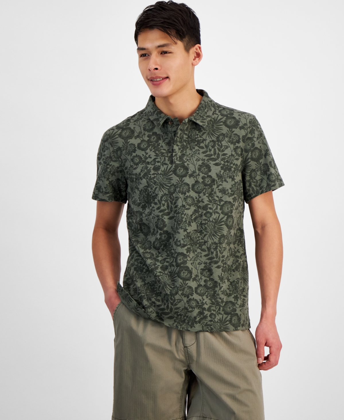 Shop Sun + Stone Men's Floral Slub Short Sleeve Polo Shirt, Created For Macy's In Cavalry Green