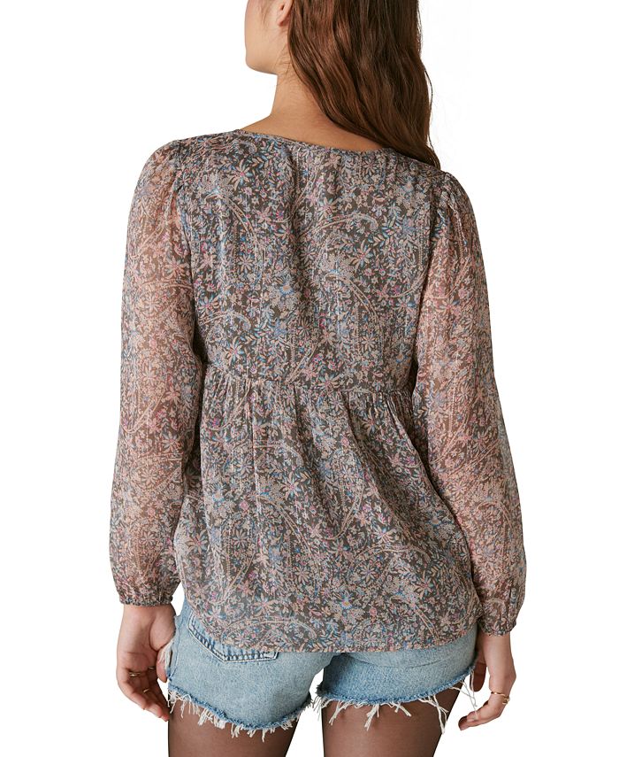 Petite Split Neck Mesh Peasant Top main image 0