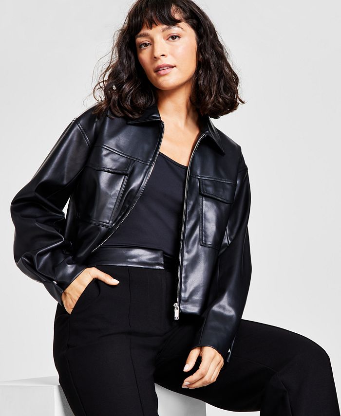 Calvin Klein Women's Faux-Leather Zip-Front Jacket - Macy's