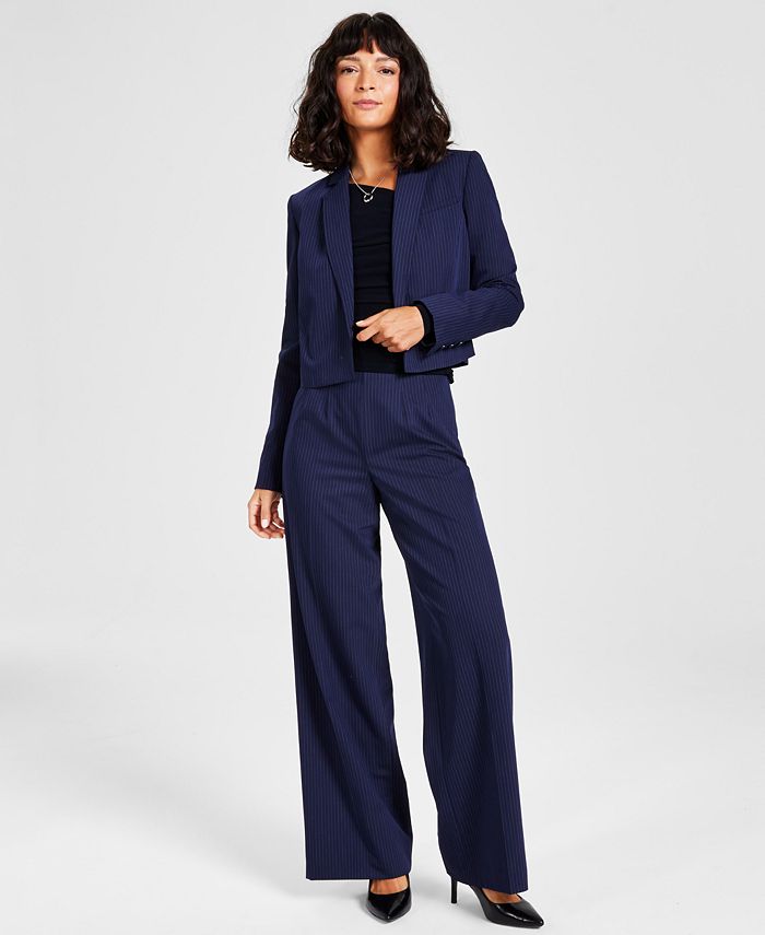 Calvin Klein Women's Pinstriped Open-Front Cropped Blazer - Macy's