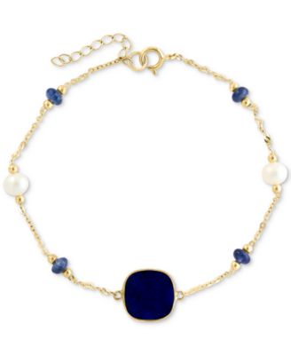 EFFY Collection - Lapis Lazuli, Freshwater pearl (4-1/2mm),& Sapphire (1/2 ct. t.w.) Station Bracelet in 14k Gold