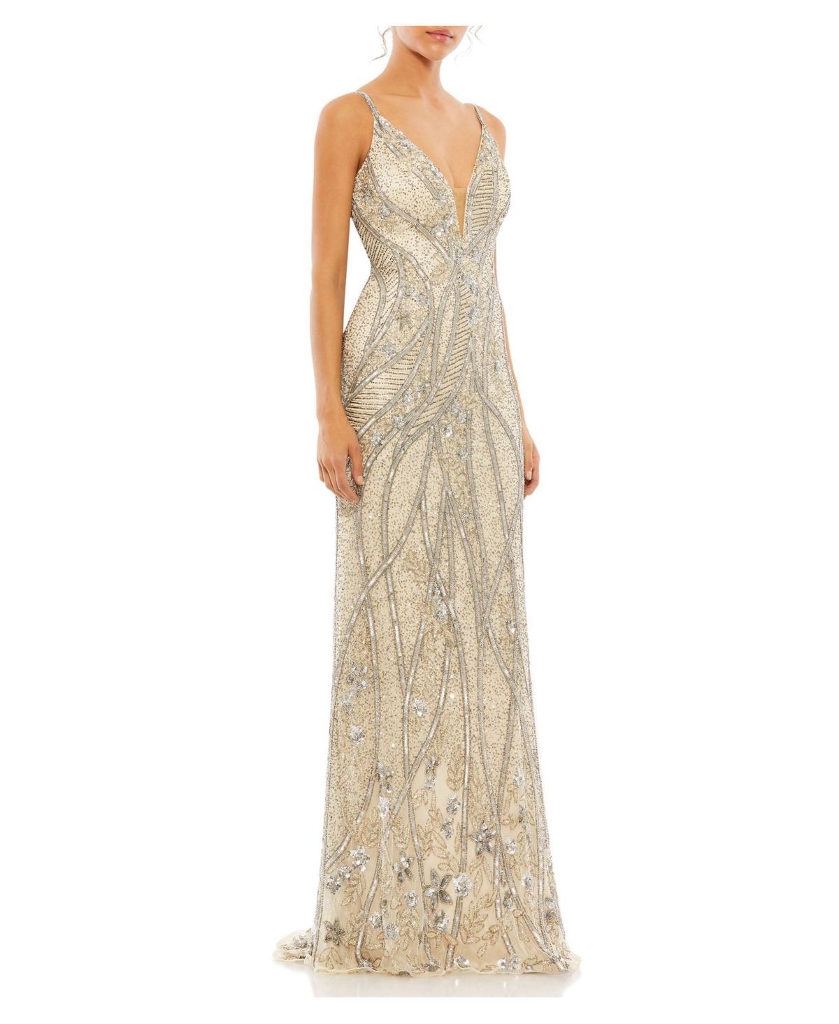 MAC DUGGAL WOMEN'S EMBELLISHED SLEEVELESS PLUNGE NECK LOW BACK GOWN