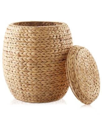 Round Storage Basket with Lid, Natural - Handwoven Water Hyacinth Hamper Organizer for Laundry, Blankets, Plants