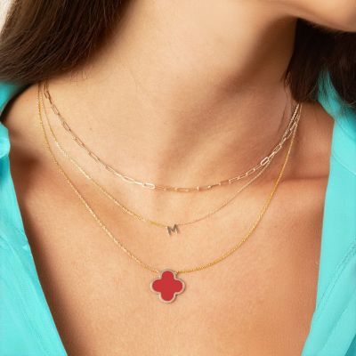 Extra Large Coral Single Clover Necklace 14K Gold