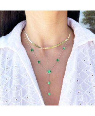 Malachite Clover Station Lariat Necklace 14K Yellow Gold