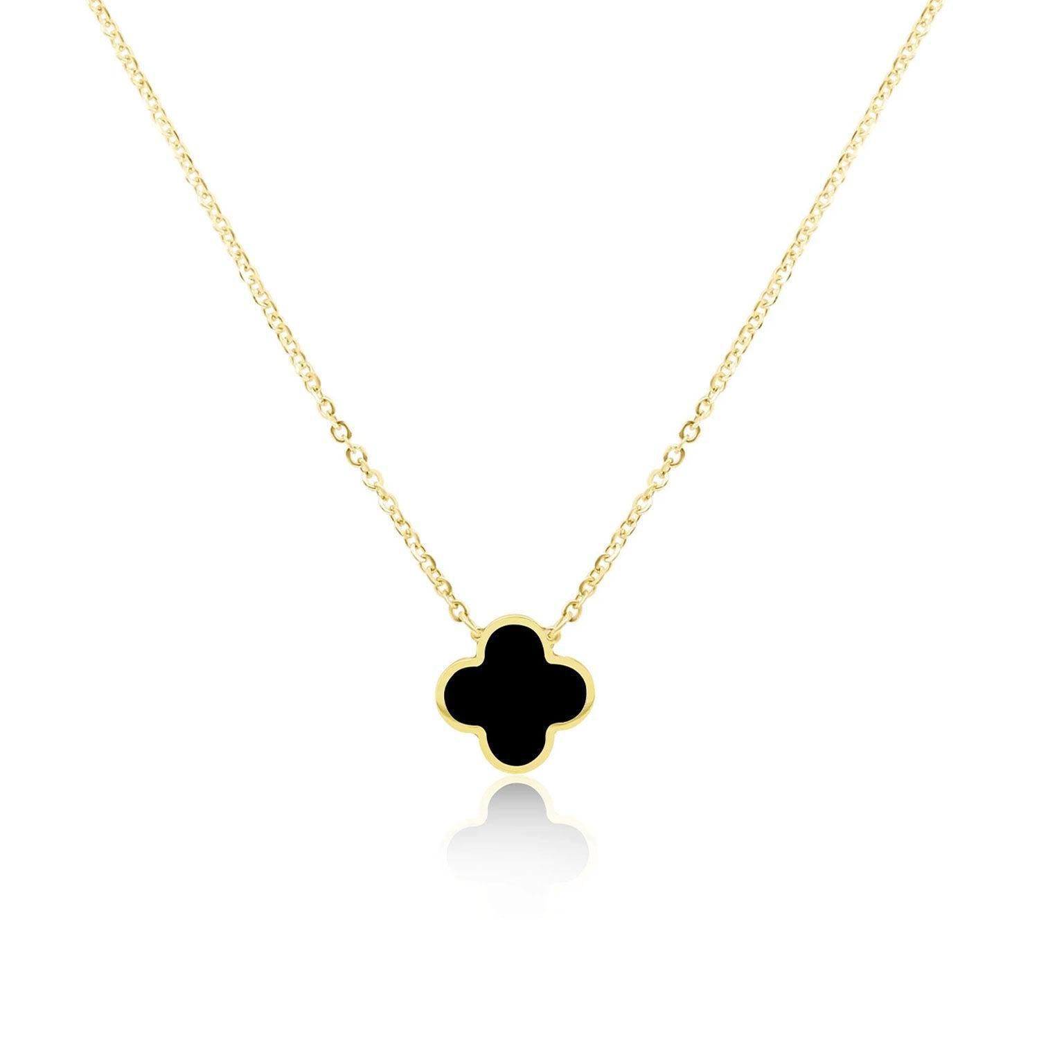 Small Onyx Single Clover Necklace 14K Yellow Gold