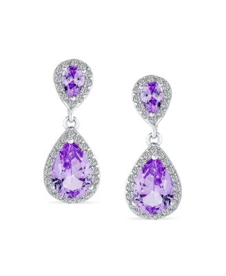 Fashion Purple CZ Halo Teardrop Drop Earrings Lavender Cubic Zirconia Rhodium Plated Brass