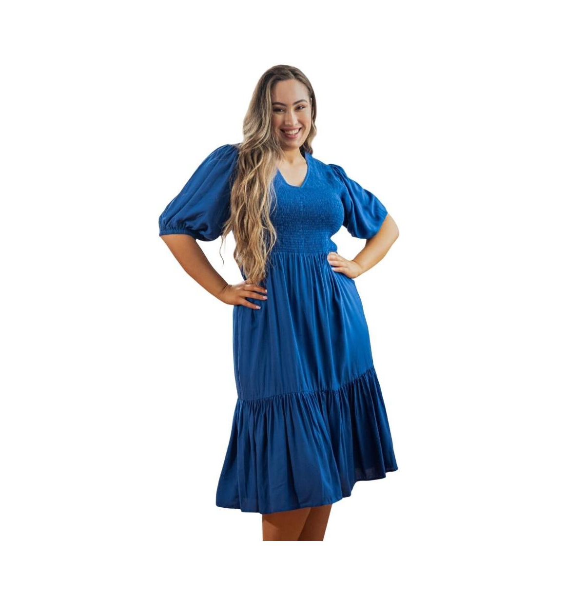 Women's Women s Blouse Sleeve Smocked Mia Midi Dress - Cobalt