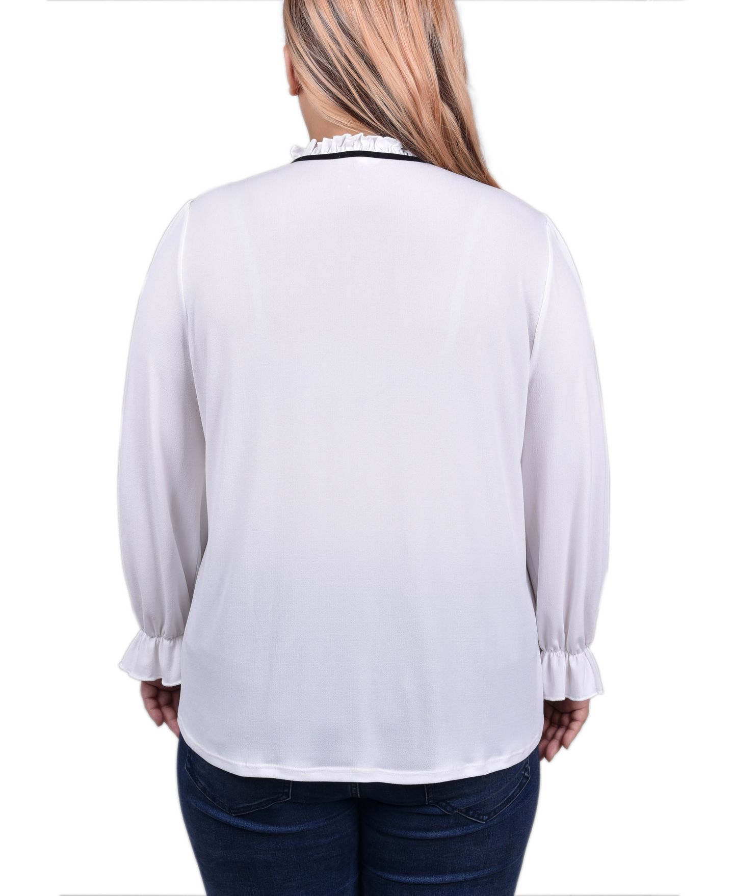 Женский топ NY Collection Plus Size Long Sleeve Tie Neck, цвет: Белый чёрный — фото 2