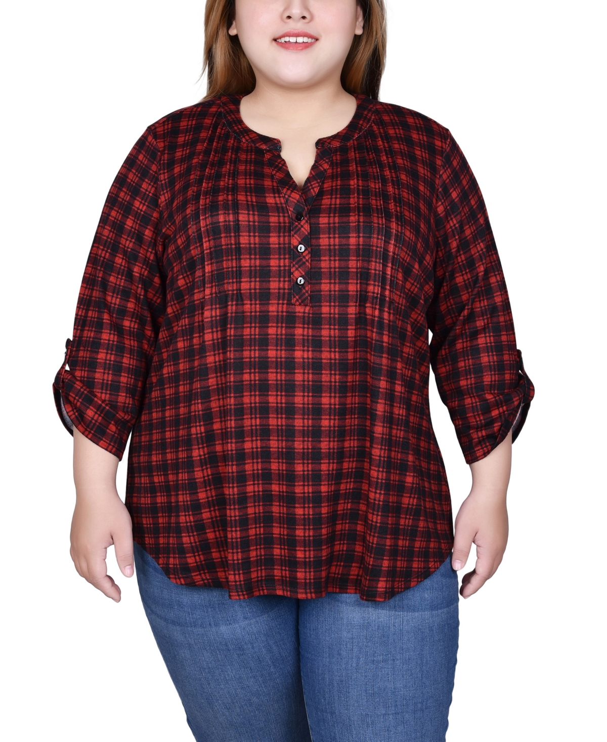 Ny Collection Plus Size 3/4 Roll Sleeve Top In Red Black Plaid