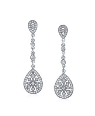 Art Deco Style Filigree Teardrop Cubic Zirconia Chandelier Clip On Earrings