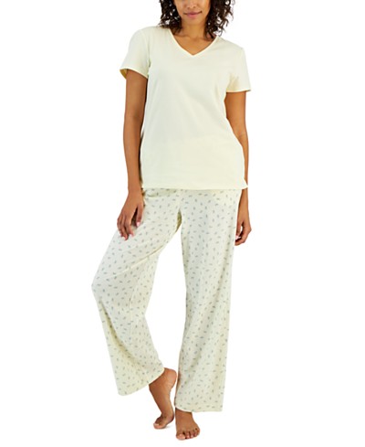 Lands' End Women's Pajama Set Knit Long Sleeve T-Shirt and Flannel Pants -  Macy's