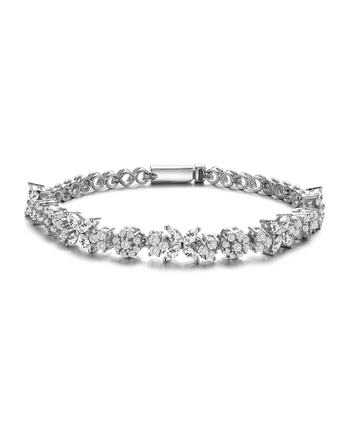 Sterling Silver with White Gold Plated Clear Round and Marquise Cubic Zirconia Cluster Flower-Inspired Tennis Bracelet - Silver