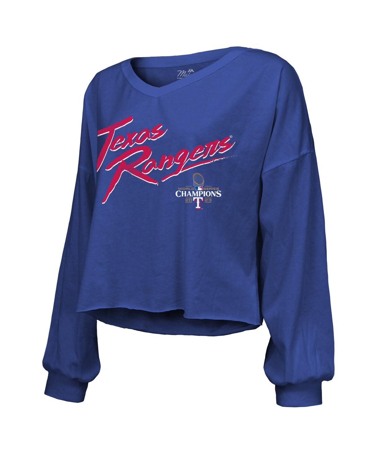 Majestic Threads Royal Texas Rangers 2023 World Series Champions Off-shoulder Script Cropped Long Sl In Royal
