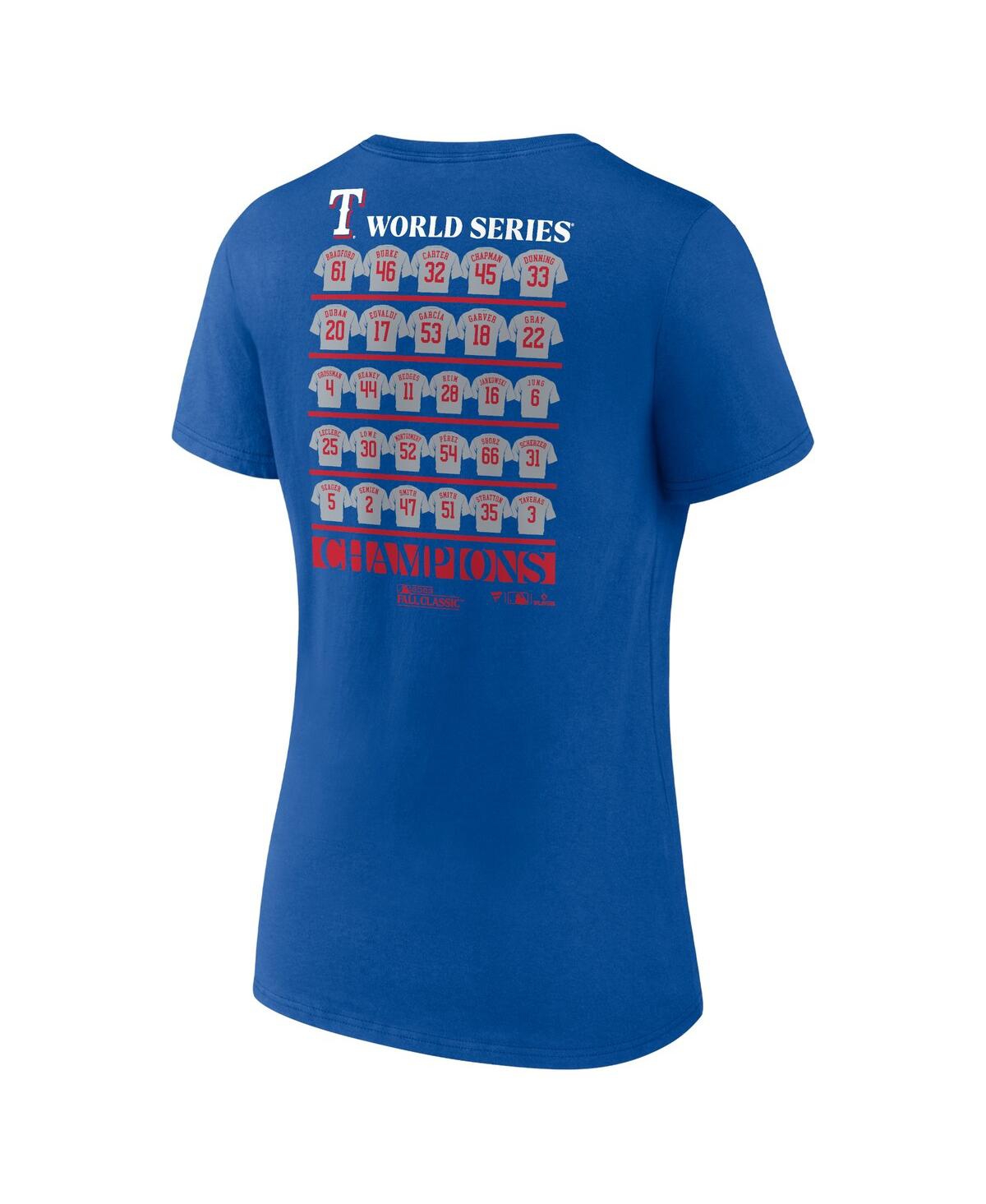 Women's FanaticsTexas Rangers 2023 World Series Champions Jersey Roster V-Neck T-shirt - Royal