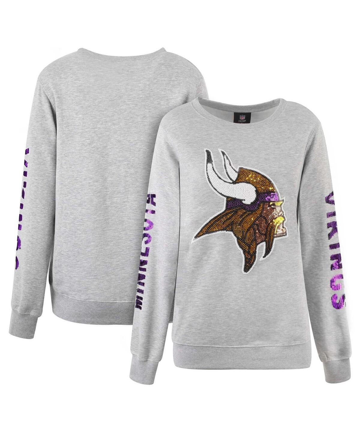 Women's Cuce Heather Gray Minnesota Vikings Sequined Logo Pullover Sweatshirt - Heather Gray