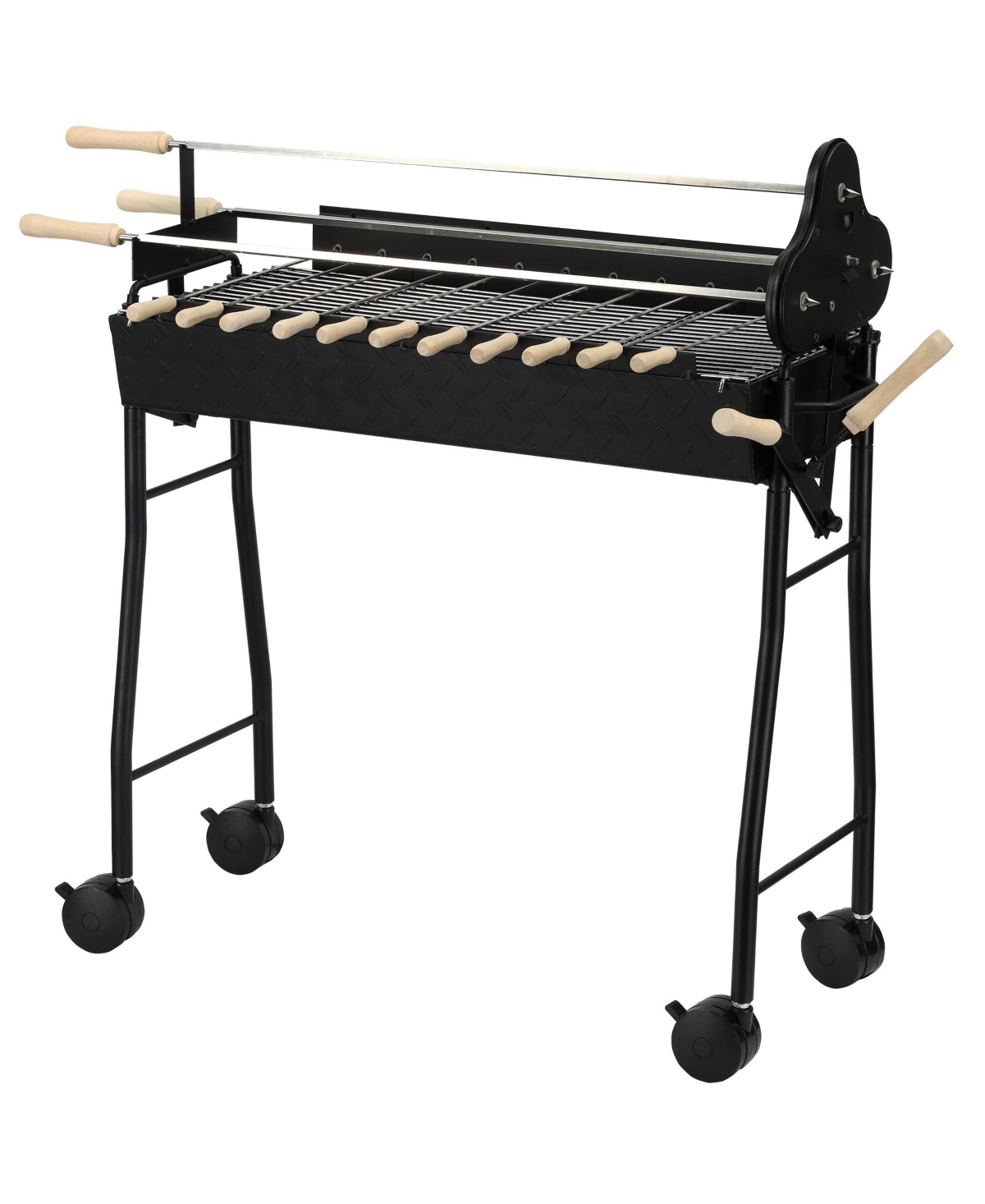 Portable Charcoal Bbq Grills Steel Rotisserie Outdoor Cooking Height Adjustable with 4 Wheels Large / Small Skewers Portability for Patio, Ba