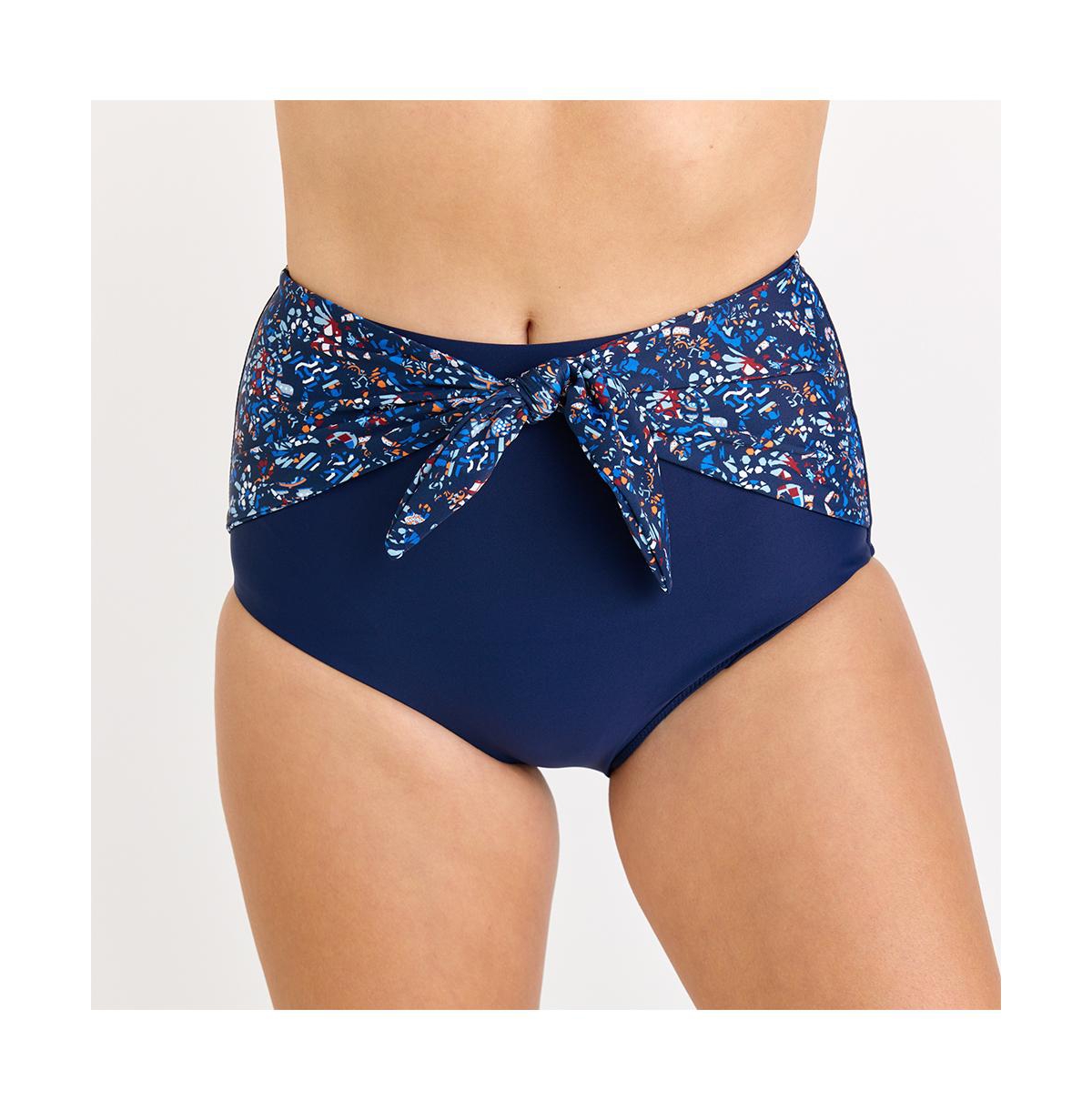 Women's High Waisted Bikini Bottom With Front Tie - Tropical views/navy polka dot