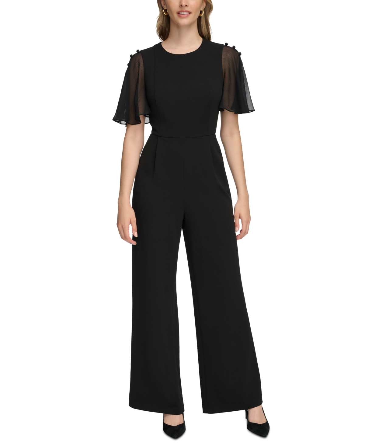 Calvin Klein Women's Flutter-sleeve Button-trim Jumpsuit In Black