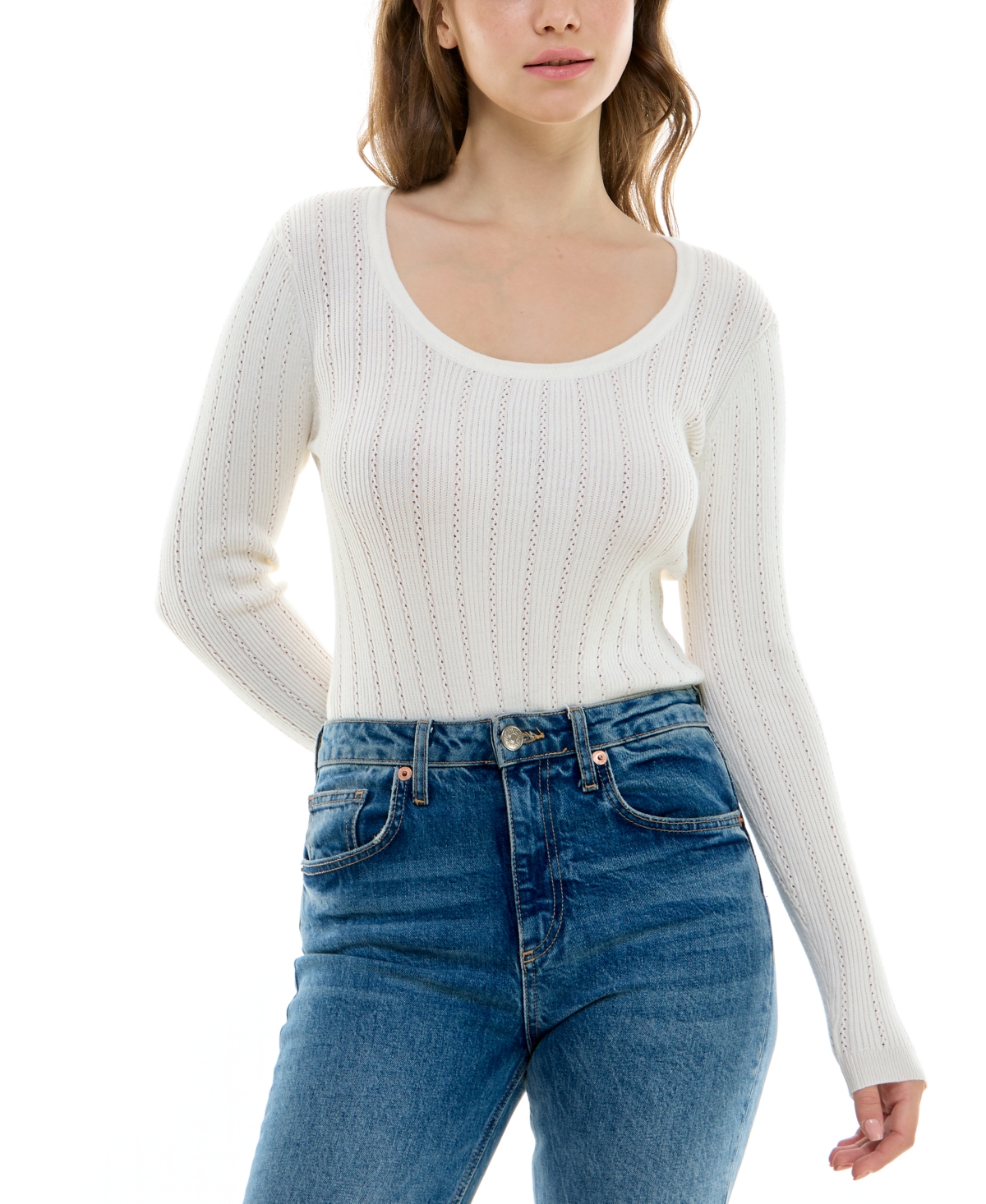 Juniors' Long-Sleeve Pointelle Sweater Bodysuit - Gardenia