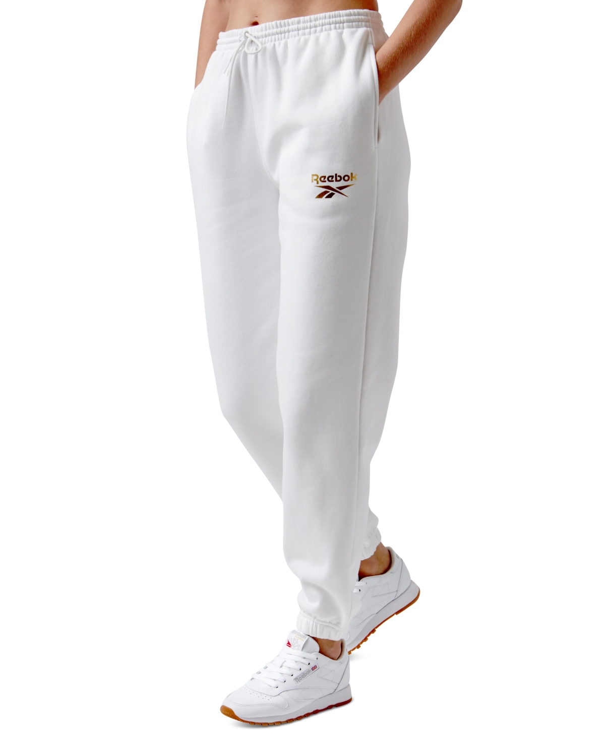 Reebok Women's Metallic Foil Logo Fleece Jogger Sweatpants, A Macy's Exclusive In White